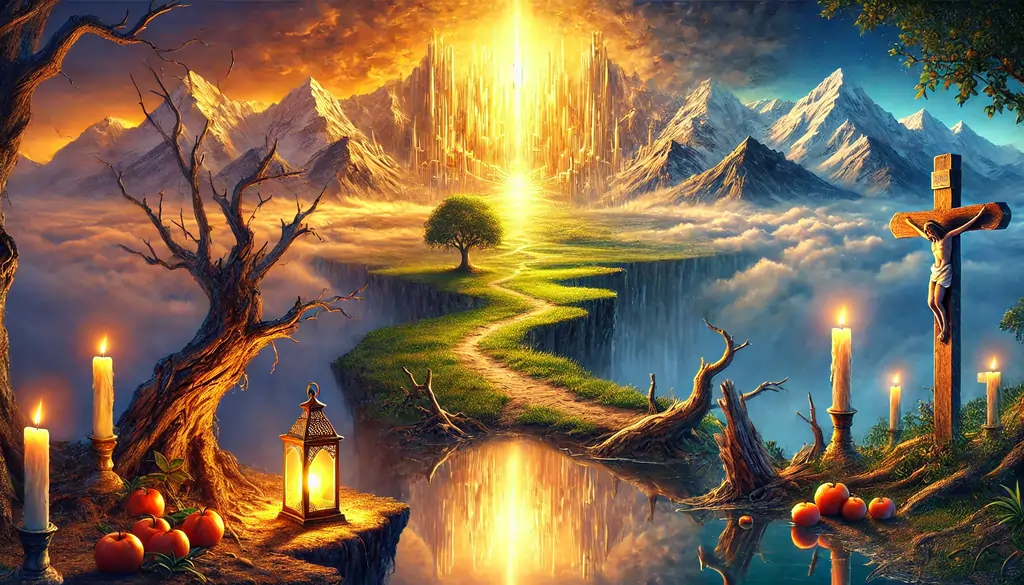 A majestic yet humble landscape: A grand, radiant kingdom in the distance, bathed in divine light, contrasting with a simple, narrow path leading toward it. The kingdom will appear golden and glorious, yet surrounded by an atmosphere of peace and humility. An upside-down mountain reflection: A towering mountain range, but its reflection in a calm, clear lake below will appear inverted—symbolizing how God's kingdom operates differently from earthly expectations (Matthew 20:16, "The last will be first, and the first will be last"). Light and darkness paradox: A single, small candle or lantern placed in the foreground, illuminating an enormous space—a symbol of how a little faith can bring great light (Matthew 5:14-16). A barren tree bearing fruit: A withered-looking tree yet filled with abundant, ripe fruit, representing life coming from death and strength from weakness (John 12:24). A golden crown placed on a rugged wooden cross: A symbol of victory through suffering, embodying Christ's triumph through humility (Philippians 2:8-11).