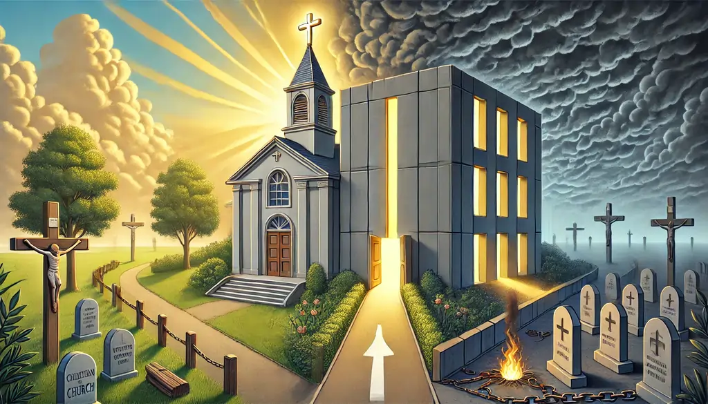 depict a symbolic contrast to illustrate theological heresy in the context of Jehovah's Witness doctrine. The scene will show a traditional Christian church bathed in warm, golden light on the left side, with a bright cross atop its steeple. The entrance will be open, inviting, and surrounded by lush greenery — a symbol of life and truth. On the right side, there will be a stark, windowless building resembling a cold, concrete structure with a minimalist design. This building will have a muted color palette — grays and dull blues — emphasizing its closed-off, rigid nature. Above this structure, dark clouds will gather, symbolizing confusion and spiritual danger. A narrow path will connect the two structures, winding and fading as it approaches the darker building. Along this path, a few scattered warning signs (designed as symbols rather than text) will appear, such as broken chains, extinguished torches, and uprooted trees — metaphors for bondage, lost guidance, and spiritual disconnection. In the sky above the church, rays of sunlight will pierce through, shining down as a beacon of hope and divine truth. The contrasting elements will visually emphasize the distinction between sound Christian doctrine and heretical teachings without relying on text or direct references to specific denominations.