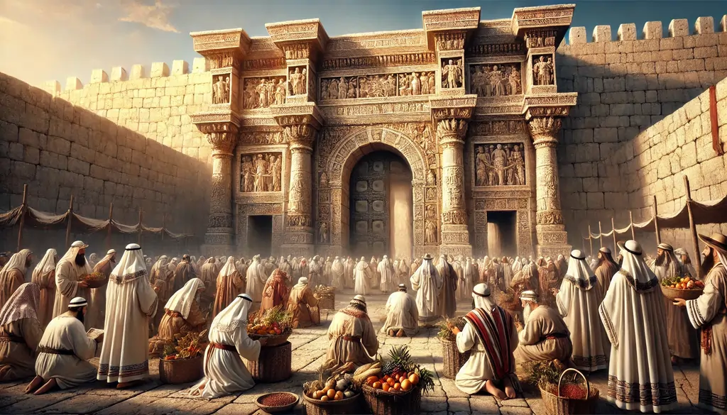 Picture of the Holy Temple Gates of Israel and the courts, with people offering thanksgiving and praise.