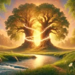are soul ties biblical what are soul ties in the Bible breaking soul ties scripture Christian view on soul ties emotional and spiritual soul ties landscape image depicting the Christian concept of soul ties from a theological and ministry perspective. The scene shows two large, ancient oak trees standing on opposite sides of a gently flowing river, their branches mysteriously intertwined in mid-air over the water. Golden light from a sunset bathes the landscape, creating a warm, spiritual atmosphere. A glowing, semi-transparent cord of light connects the trunks of the two trees, visibly pulsing as if alive, representing a deep, spiritual connection. In the foreground, the riverbank is rich with lush green grass, and small blooming white lilies suggest purity and divine presence. On each side of the river, there are paths that lead to the trees, indicating the journey people take toward deep spiritual connections. A distant chapel stands on a hill behind the trees, subtly indicating the presence of God and the Church in understanding these ties. National Association of Christian Ministers