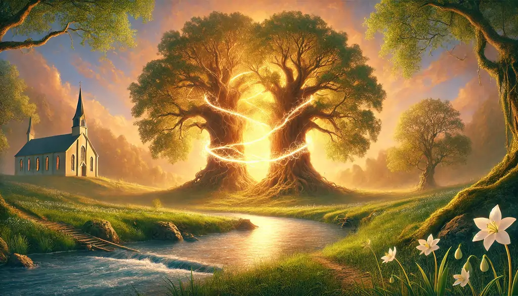 landscape image depicting the Christian concept of soul ties from a theological and ministry perspective. The scene shows two large, ancient oak trees standing on opposite sides of a gently flowing river, their branches mysteriously intertwined in mid-air over the water. Golden light from a sunset bathes the landscape, creating a warm, spiritual atmosphere. A glowing, semi-transparent cord of light connects the trunks of the two trees, visibly pulsing as if alive, representing a deep, spiritual connection. In the foreground, the riverbank is rich with lush green grass, and small blooming white lilies suggest purity and divine presence. On each side of the river, there are paths that lead to the trees, indicating the journey people take toward deep spiritual connections. A distant chapel stands on a hill behind the trees, subtly indicating the presence of God and the Church in understanding these ties.