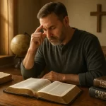 A thoughtful Christian scholar, seated at a wooden desk with an open Bible, ancient biblical manuscripts, and reference books like Vine’s Expository Dictionary and Easton’s Bible Dictionary nearby. The scholar is surrounded by warm, natural light filtering through a nearby window, symbolizing illumination and understanding. In the background, faint outlines of a globe and a cross suggest the global mission and spiritual foundation of the study. The scene conveys careful, prayerful study and the deep pursuit of biblical truth.