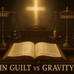 Title: Sin Guilt vs Gravity: courtroom allegory, Christian theology hero image Prompt: Create a cinematic and reverent illustration for a Christian article titled "Sin Guilt vs Gravity". Scene: a classical courtroom of dark wood and stone. Foreground: an open Bible on a judge’s bench, with clearly legible book labels "James 2:10" and "Romans 3:23" on ribbon bookmarks. Midground: two separate scales of justice placed symmetrically left and right. Left scale label "Guilt": two identical dark weights labeled "lie" and "murder" hang in perfect balance to symbolize equal guilt before God. Right scale label "Gravity": a small brass weight labeled "lesser" sits high while a large iron weight labeled "greater" sits low to symbolize different moral gravity and consequences. Background: a soft cross-shaped beam of light from above suggests God’s perfect justice and omniscience; faint stone-tablet motif evokes the Law. Style: high-detail digital painting, warm parchment and gold tones, soft rays, shallow depth of field, clean readable labels, no faces, no gore, no modern signage, no cheesy stock look. Mood: solemn yet hopeful. Composition: Bible centered, two scales flanking, leading lines toward the cross-light. Aspect ratio: 16:9. Resolution: 3000x1688 or higher. National Association of Christian Ministers